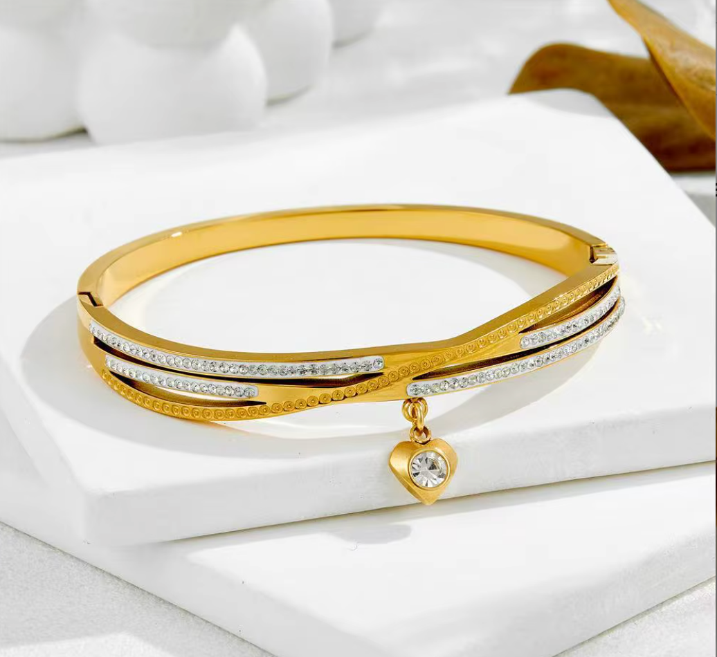 Heart Lock Pendant Shiny Diamond Bracelet & Bangle GOLD & SILVER
