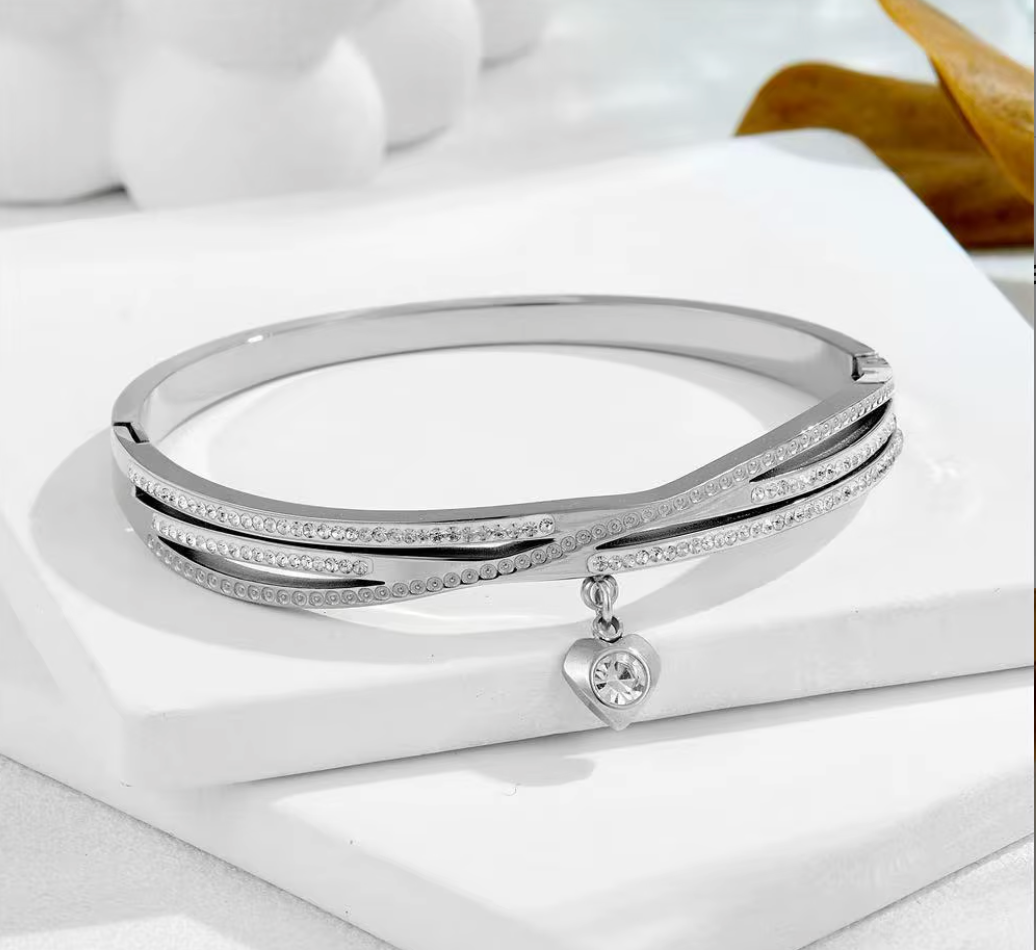 Heart Lock Pendant Shiny Diamond Bracelet & Bangle GOLD & SILVER